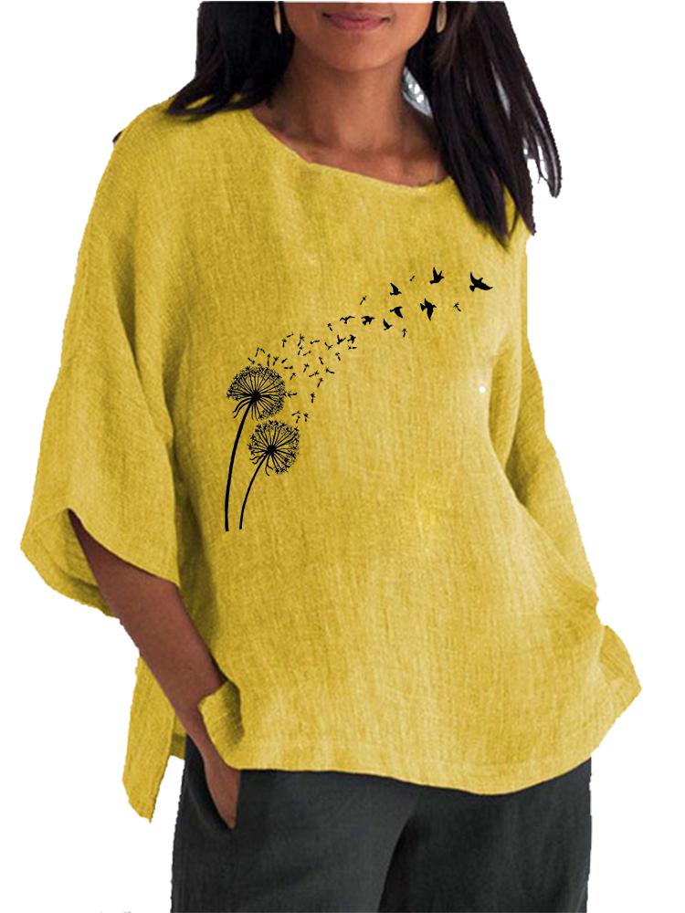 Women Fashion Cotton Linen Blouse Spring&summer Round Neck 3/4 Long Sleeve Shirt Ladies Pullover Loose Tops