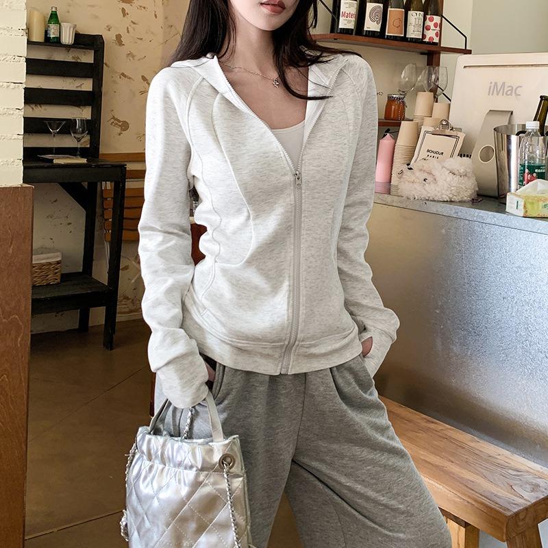 Gray Zipper Hooded Sweatshirt Women Slim Fit Cardigan Long Sleeve Coat Solid Pockets Sports Hoodies Jacket