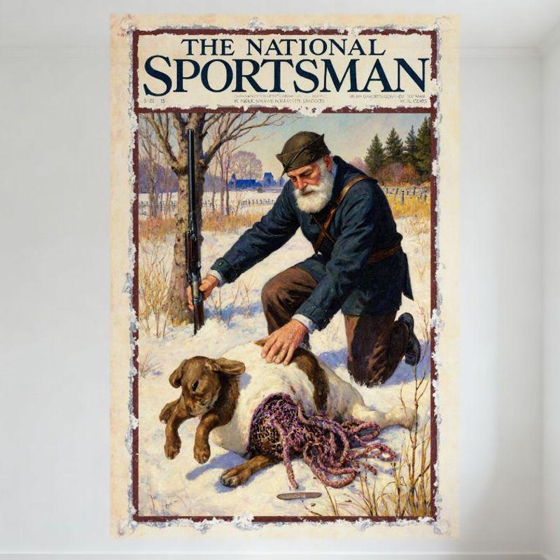 

Vintage THE NATIONAL SPORTSMAN Hunting Scene Tin Sign - Man, Dead Dog, Snowy Winter Landscape Metal Poster for Bar Home Wall D 20x30cm（7.8x11.8inch）