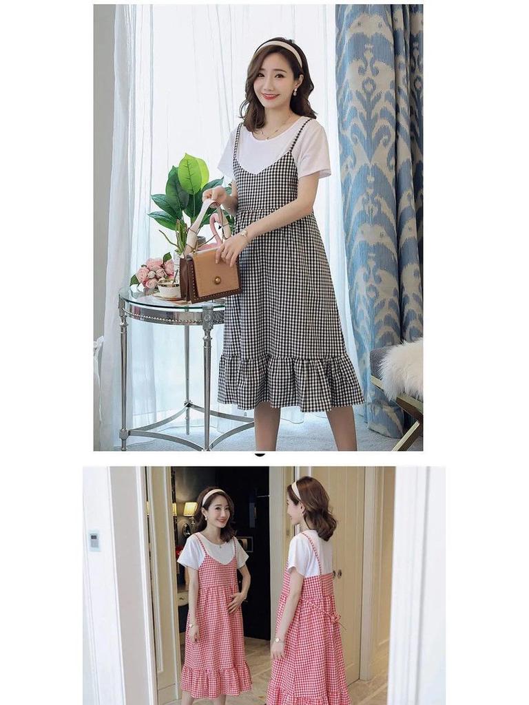 Korean Plus Size Maternity Plaid Dress - Short-Sleeve, Two-Piece Look, Loose Fit, Round Neck