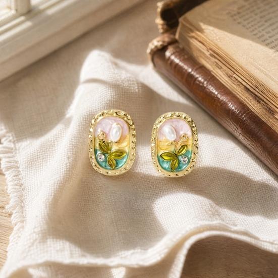 1 Par de Brincos de Tarraxa Flor Esmaltada para Mulheres, Brincos de Tarraxa Flor de Pérola Artificial Strass, Presente de Joia para Namorada Esposa Mãe Filha