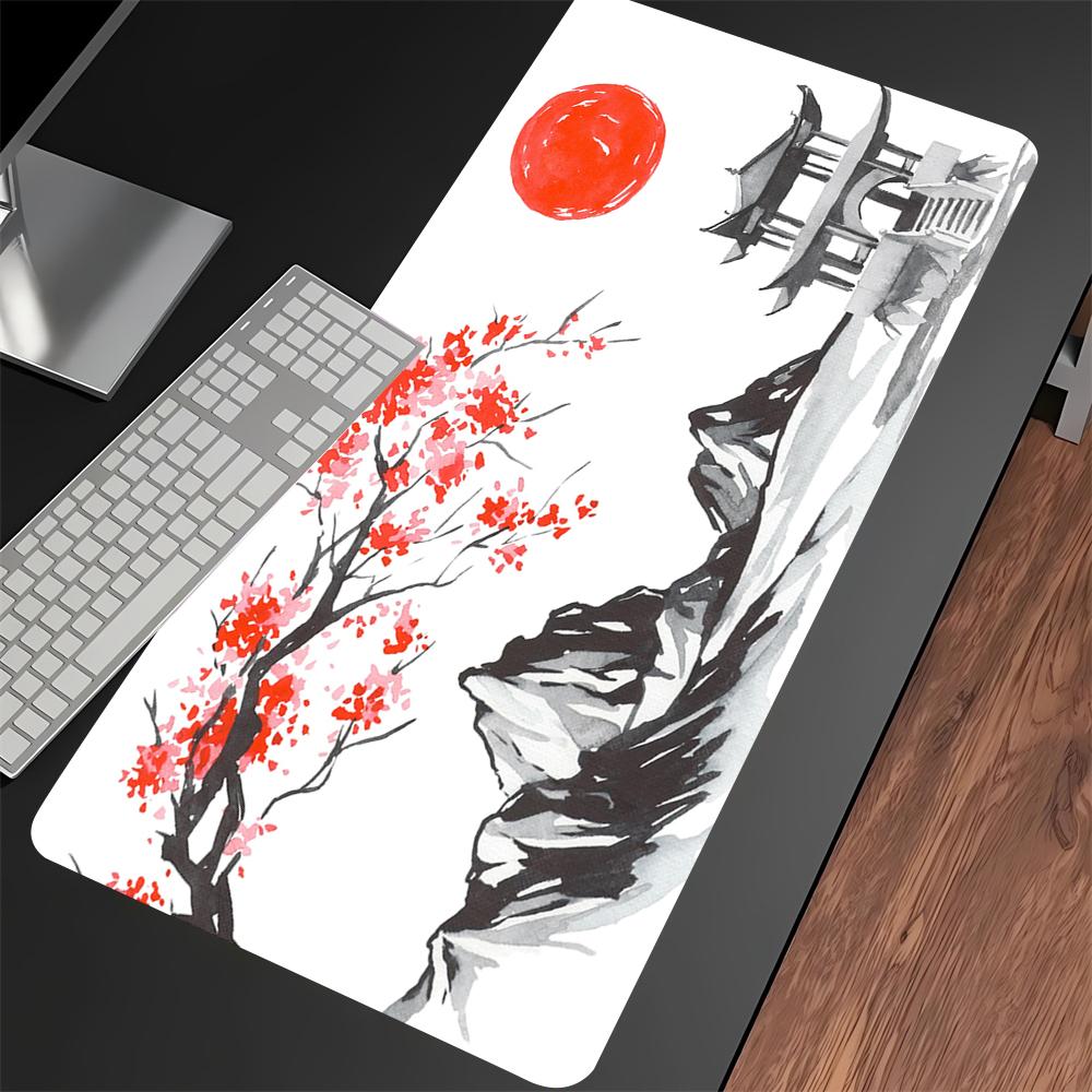 Extended Deskmat Large Black and White Cherry Blossom Game Mouse Pad Lock Edge Keyboard Mat Sakura Nonslip Rubber Mousepad