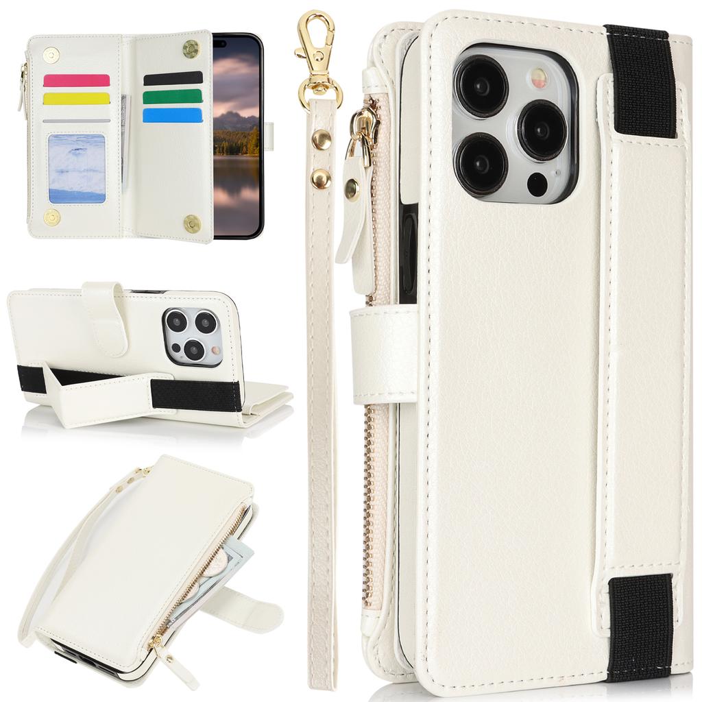 XL-001 For iPhone 15 Pro Case Zipper Pocket Wristband Stand Leather Phone Cover