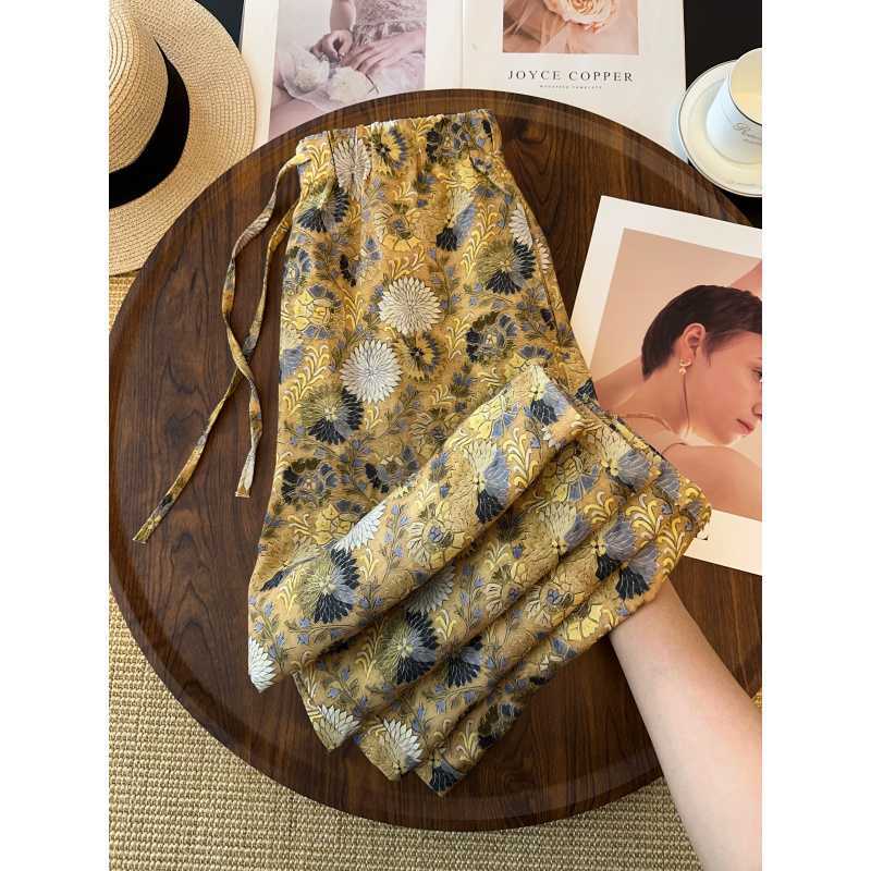 Women s Vintage Floral Print Linen Blend Wide Leg Pants with Elastic Drawstring Waist M