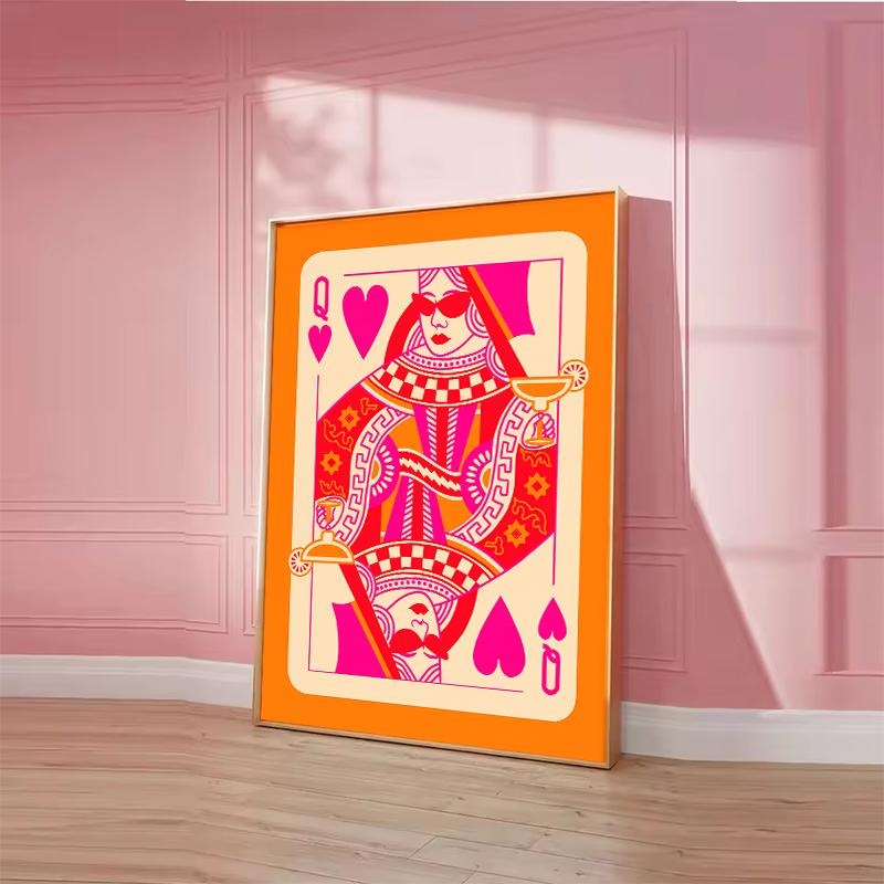 Queen of Hearts Wall Art Print Colorful Playing Card Poster Maximalist Card Dopamine Queen Illustration Canvas Painting