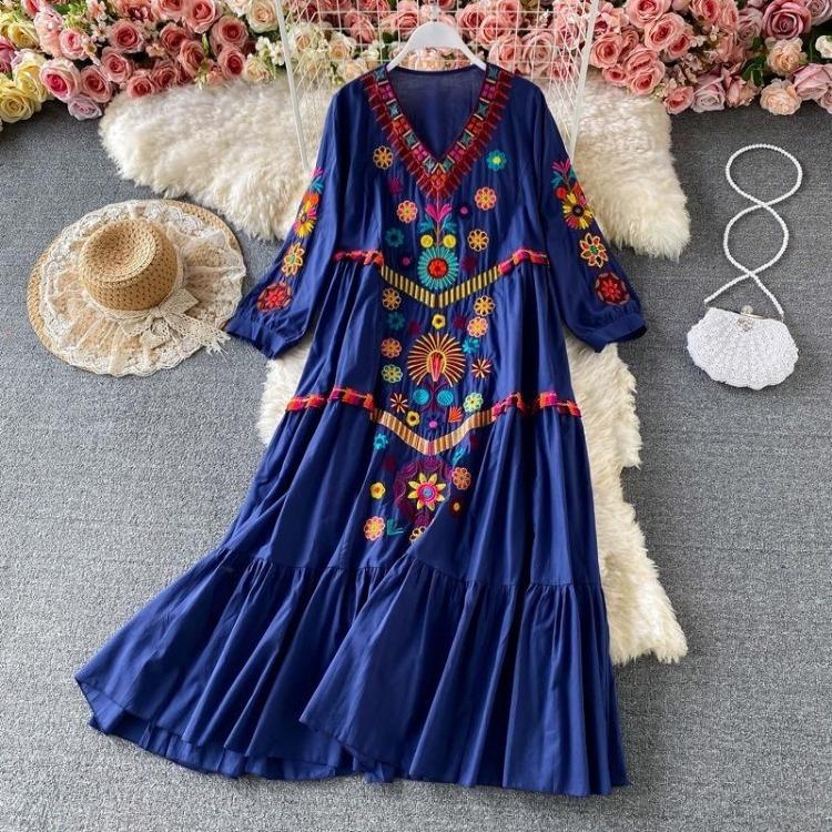 Vintage Printed Loose Dress for Woman V Neck Oversized Long Sleeve Casual Lace Dresses Long