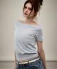 KITTY POTTERY Sheer Off-Shoulder Short Sleeve T-Shirt [Blue]