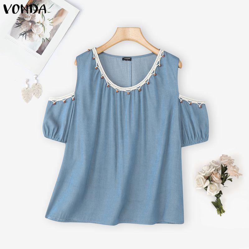 

VONDA Summer Women Casual O-neck Cold Shoulder Lace Beading Short Sleeve Blouse 5XL светло-синий