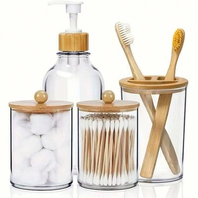 Bamboo Lid Bathroom Set: Soap Bottle, Toothbrush Cup, Cotton Swab Box