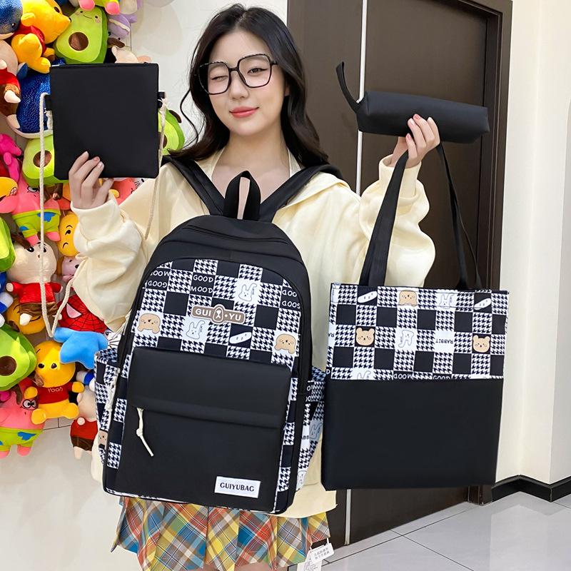 

New Small Fresh and Cute Plaid Backpack Cartoon Bear Fashion Color Block Girl Backpack Junior High School Student School Bag