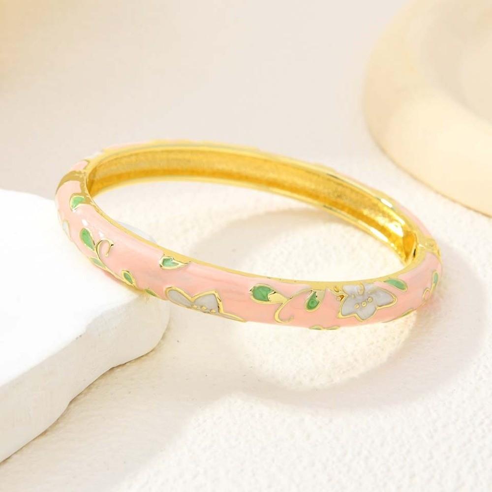 Colorful Vintage Cloisonne Bangle Peony with Leaf Traditional Chinese Flower Bangle Classic Ethnic Women's Hand Bracelet