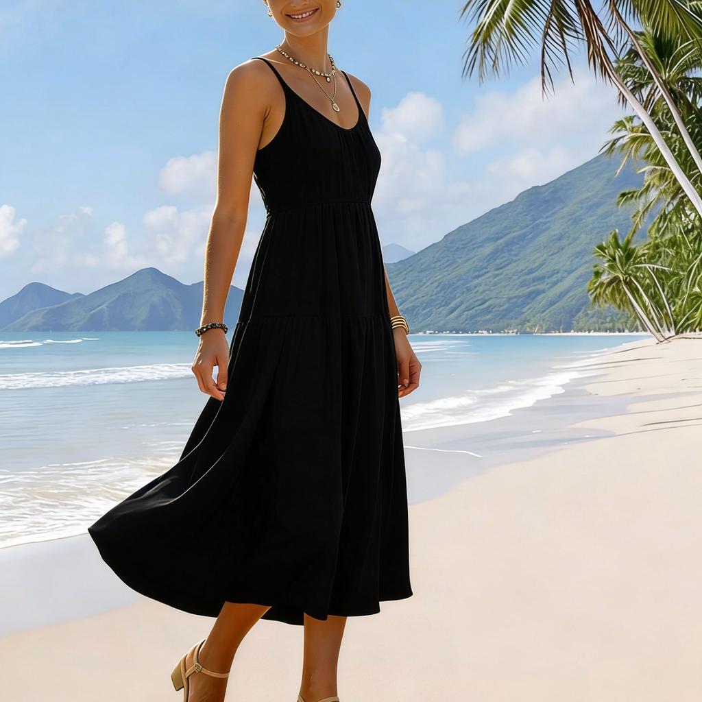 Sleeveless Spaghetti Strap Midi Dress for Women Loose Fit Flowy Sundress Summer Casual Solid A Line Long Dress