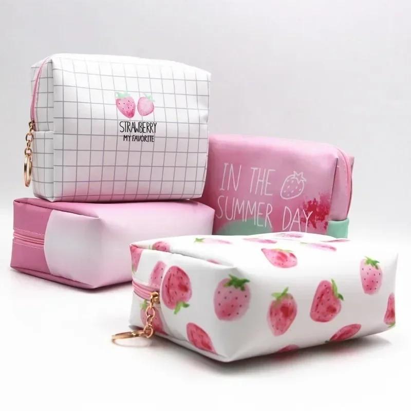 PU Waterproof Cosmetic Bag Creative Pink Strawberry Series Large Capacity Portable Toiletry Bag Travel Storage Bag Makeup Pouch