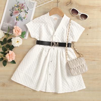 Mädchen Modisches Kleid, Sommer Kinder Einfarbig Quadratisch Elastisch Kurzärmeliger Unterrock mit Gürtel