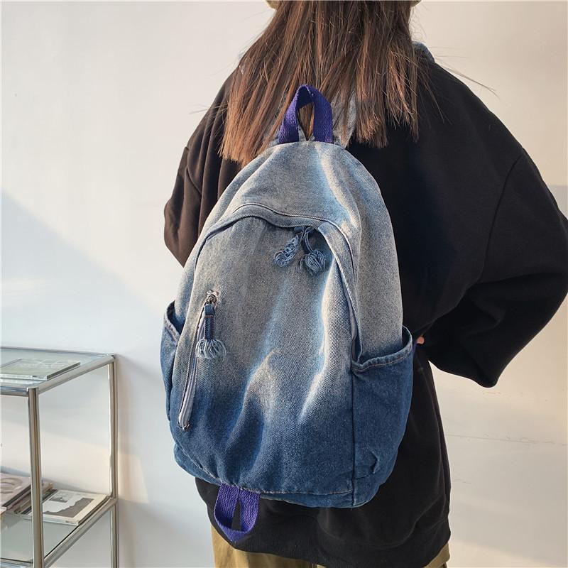 New Minimalist Gradient Casual Backpack Trendy Backpack Denim Canvas Washed Versatile Backpack for Couples