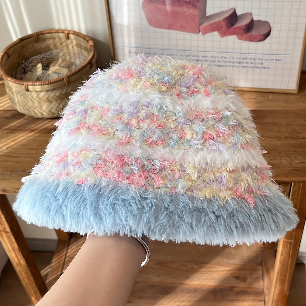 Women S Striped Knitted Bucket Hat Winter Warm Plush Ear Protection Hat