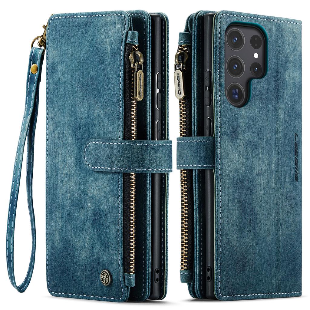 For Samsung Galaxy S25 Edge S24 S23 S22 Ultra Case, Durable PU Leather Magnetic Flip Strap Wristlet Zipper Card Holder Wallet