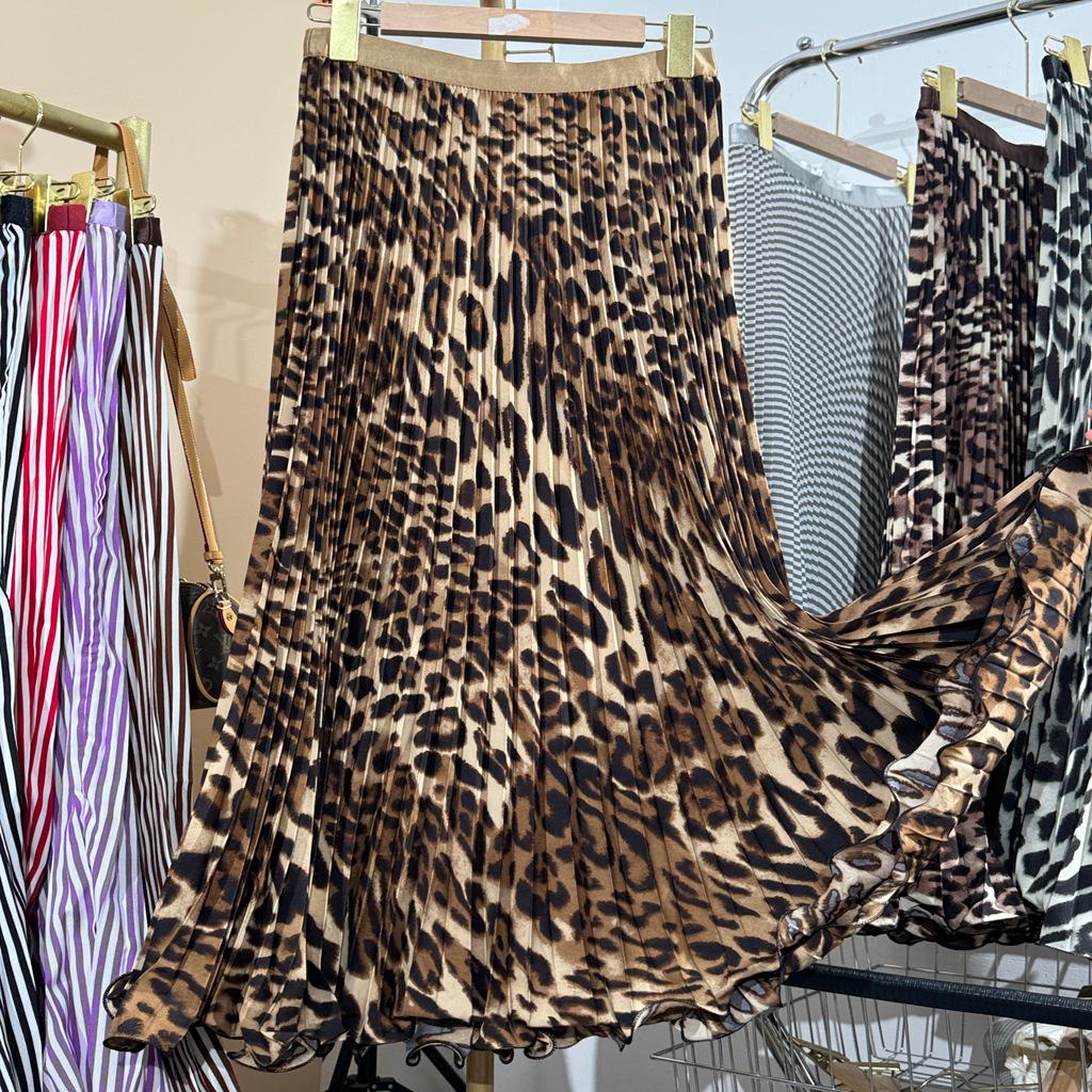 Multicolor Korean Style Chiffon High Waist Pleated Polka Dot Midi Skirt