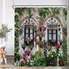 Green Vines Brick Wall Shower Curtain Pink Flowers European Garden Arch Door Bathroom Decorations Vintage Bath Curtain with Hook