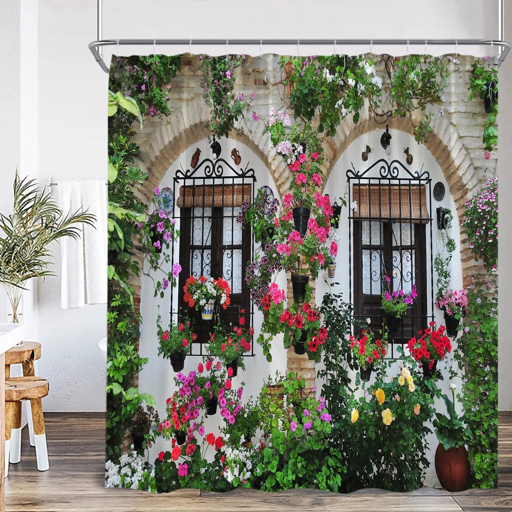 Green Vines Brick Wall Shower Curtain Pink Flowers European Garden Arch Door Bathroom Decorations Vintage Bath Curtain with Hook