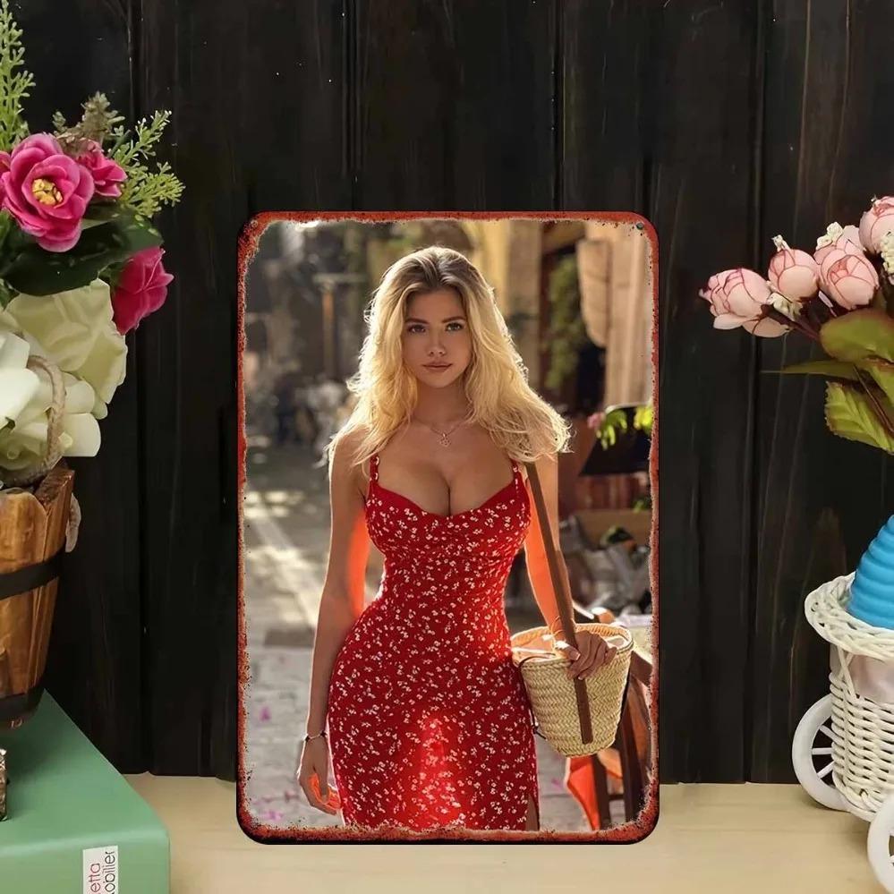 Vintage Metallwanddekoration - Schöne Blonde Frau Rotes Blumenkleid Haus Restaurant Bar Café Klassisches Schild