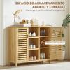 Bamboo Slatted Shoe Storage Cabinet, 2 Doors, Shelves, Open Compartments, 100x33x86cm, Natural
