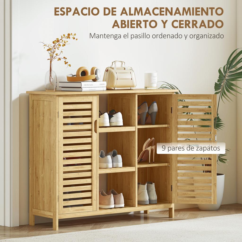 Bamboo Slatted Shoe Storage Cabinet, 2 Doors, Shelves, Open Compartments, 100x33x86cm, Natural