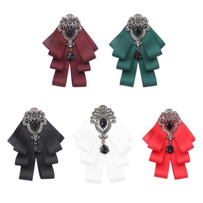 Mens Women Silk Ribbon Bowtie Brooch Pin Wedding Crystal Rhinestones Bowknot Clip Shirt Jabot Collar Pretied Necktie