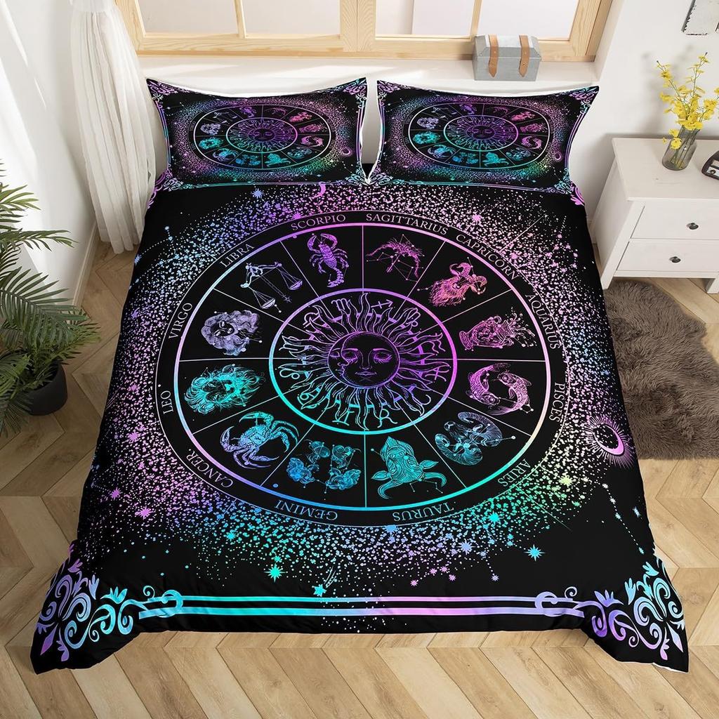 Sun and Moon Duvet Cover Set Twelve Constellation Bedding Set For Boys Girls Astrology Galaxy Comforter Cover Queen Twin Size