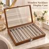 Necklace Storage Display Box with Clear Glass Lid, Separate Long Compartments, Front Clasp and Black Walnut Pattern