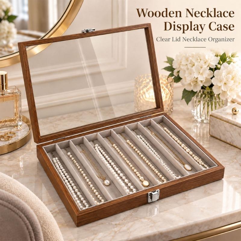 Necklace Storage Display Box with Clear Glass Lid, Separate Long Compartments, Front Clasp and Black Walnut Pattern