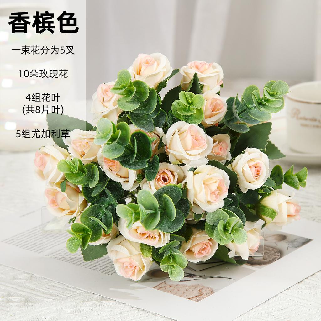 Artificial Bouquet Small Handle Rose Eucalyptus Leaves Home Decor Living Room Decoration Wedding Garden Simulated Flowers