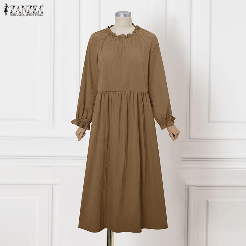 ZANZEA Women Casual Round Neck Long Sleeve Casual Baggy Long Maxi Swing Dress