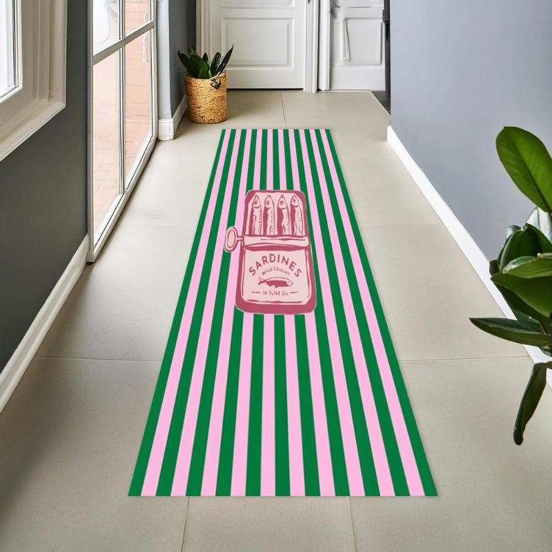 Vintage Blue Striped Sardine Graphic Long Hallway Runner Mat Rug Retro Fish Can Print For Coastal Style Kitchen Corridor Decor