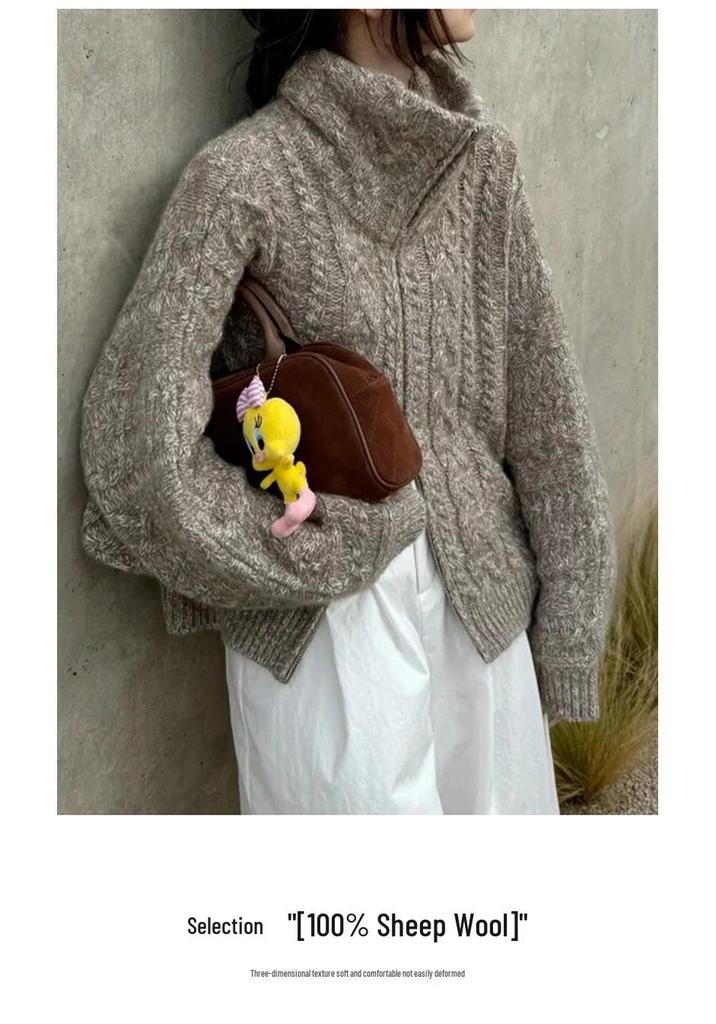 Retro Cashmere Cable Knit Batwing Sleeve Cardigan with Double Zipper, Perfect for Autumn/Winter.