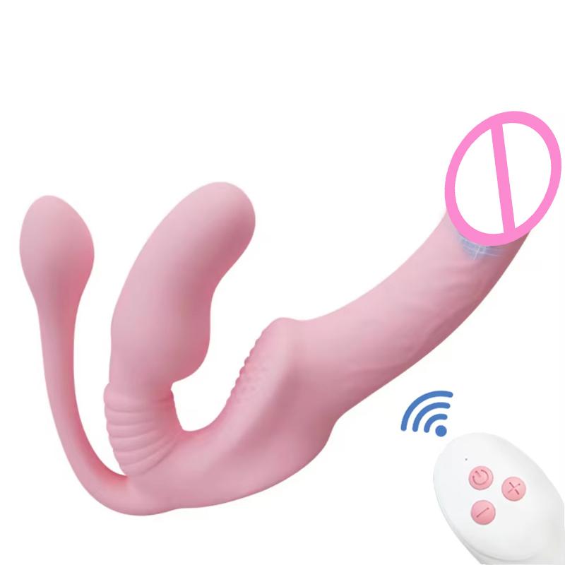 Telescopic Strapless Strap on Dildo Vibrator Anal Plug Massager Lesbian 3 in 1 Vibrator G-Spot Vaginal Stimulate Clitoris Sex Toys for Couple Lesbian