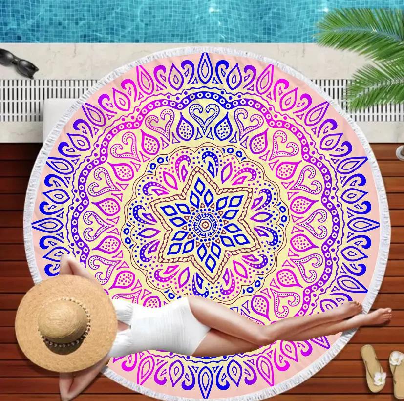 Serviette de Plage Ronde Mandala Marin Monde Sous-Marin Épaisses Serviettes de Douche Bain Microfibre Été Bouée de Natation Tapis de Yoga 3D Avec Pompons