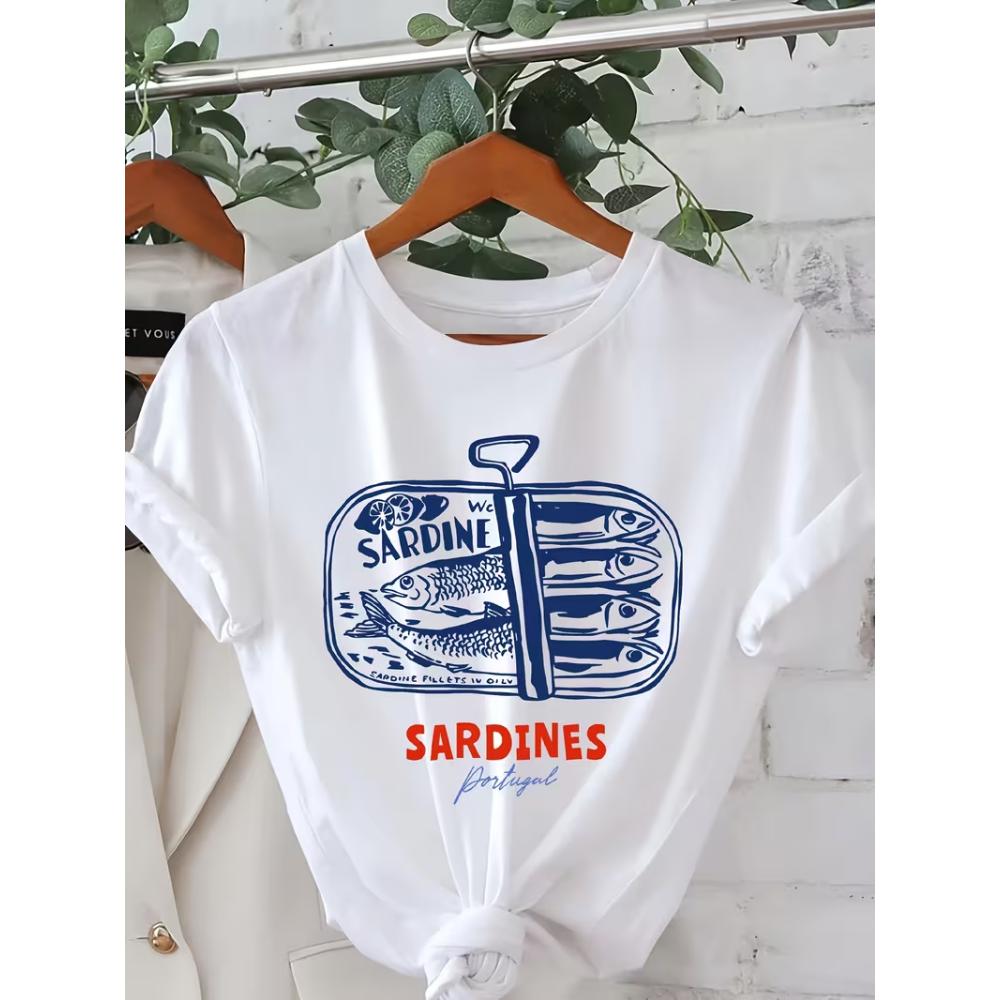 Women's Sardines Fish Retro Graphic T-Shirt - Short Sleeve Crew Neck Casual Summer Top  Print for Beach Outfits & Casual Attire