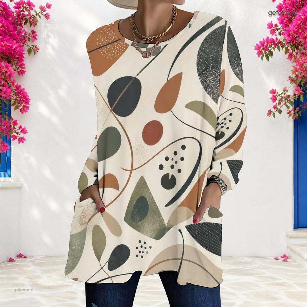 Women Plus Size Round Neck Long Sleeve Pink Purple Plaid Printed Loose Longline T Shirt With Pockets