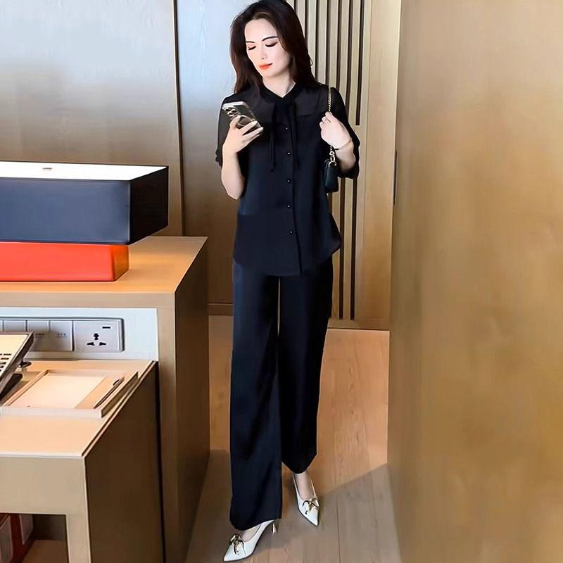 2025 Summer Women's Chic Two-Piece: Frog Button Shirt & Wide-Leg Pants