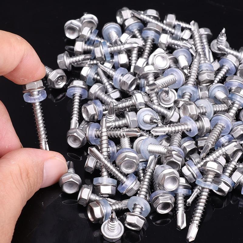 Self-Tapping Screws 410 Stainless Steel Hex Head Screws with Rubber Washer Ring Metal Self Drilling Screw for Hex Socket Wrench