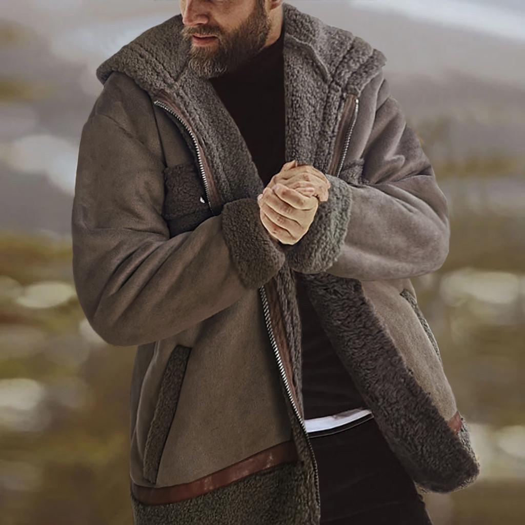 AKIMPE Mens Winter Sheepskin Jacket Warm Wool Lined Mountain Faux Lamb Jackets Coat