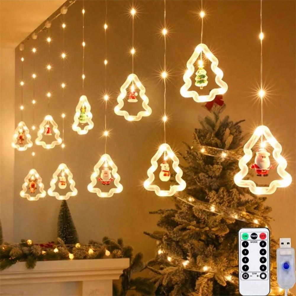 LED Star Curtain Christmas Lights – Decorative Copper Wire Icicle Lights USB Remote Warm Light