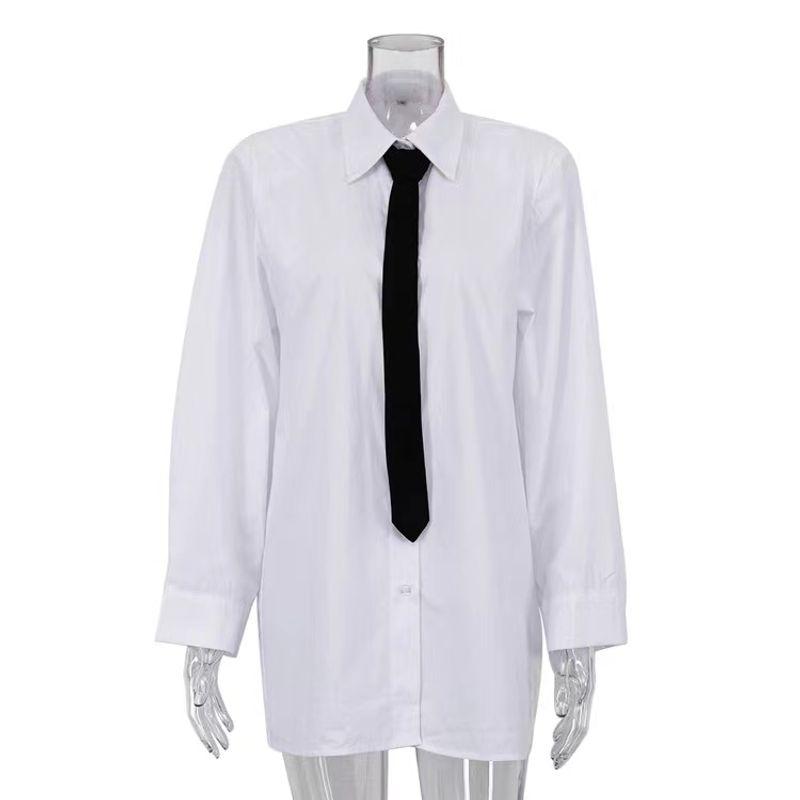 

Western Style Fashion Long sleeve Shirts with Black Tie Loose Long Shirt Long Shirt with Tie White L