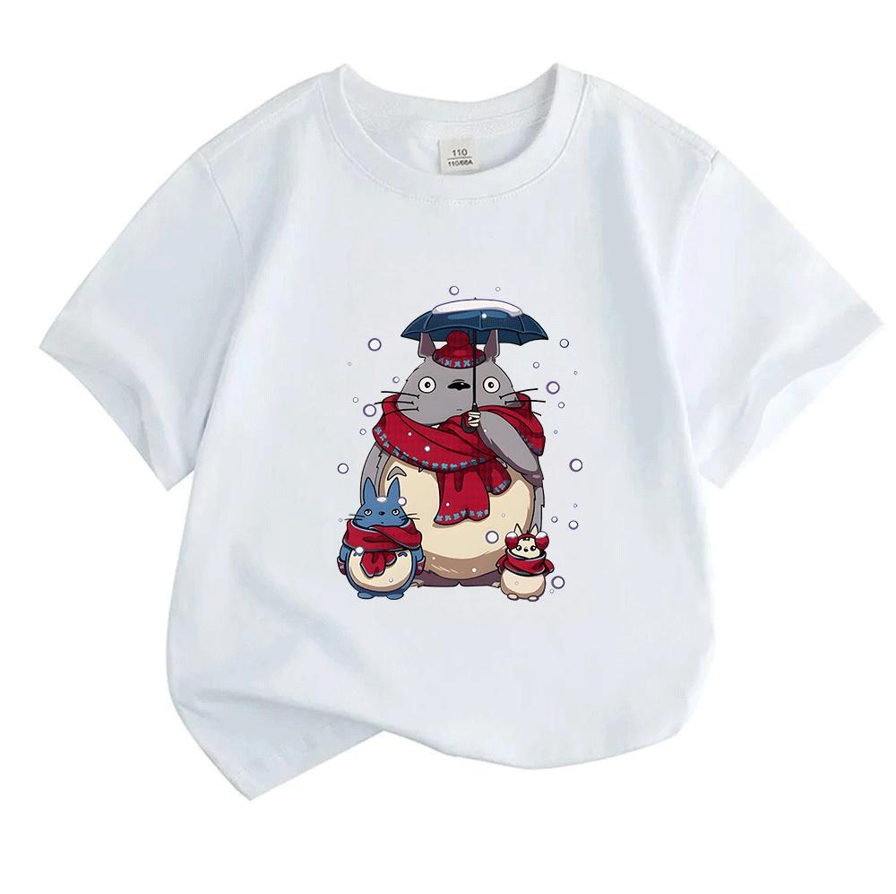 Kids Boys Girls 100% Cotton O-neck Short Sleeve T-shirt, Cute Winter Snow Totoro Family Print Casual Soft Pullover Tee for Daily Wear Holiday Gift