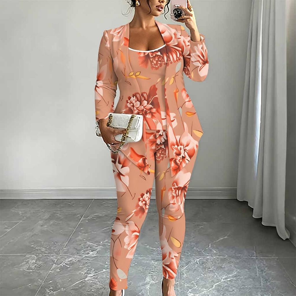 Plus Size Floral Print 3 Piece Outfit, Long Sleeve Open Front Cardigan Cami Top Leggings Set for Women