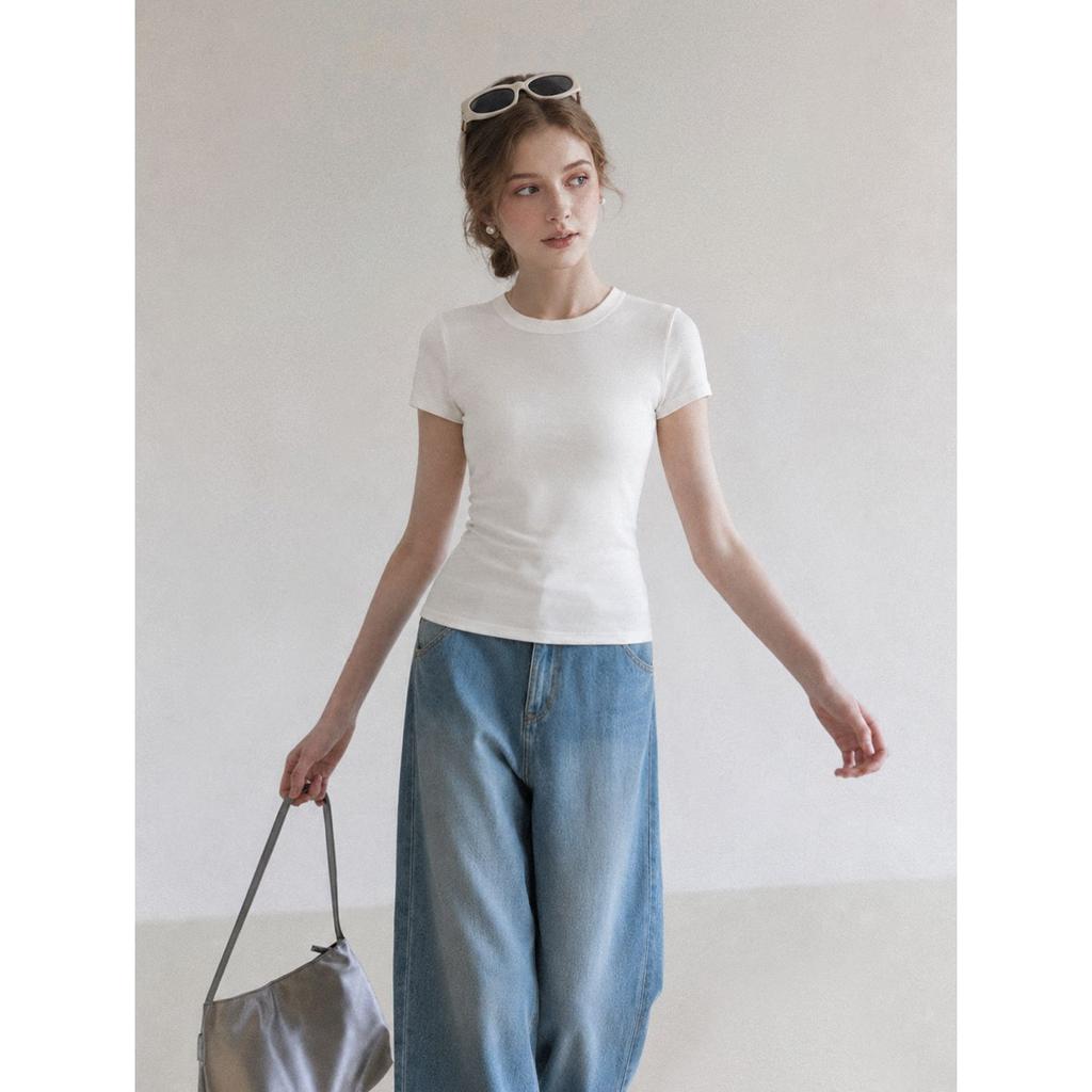 Korean Oat Round Neck Front Shoulder Short-sleeved T-shirt Women's New Simple Casual Fashion Versatile Temperament Top Summer