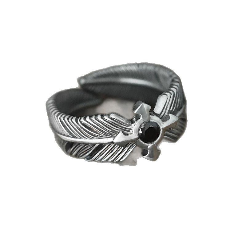 Verstellbarer Herrenring aus Sterlingsilber mit Federkreuz und schwarzem Zirkonia im Vintage-Stil, Statement-Ring für den täglichen Gebrauch