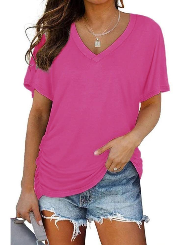 Damen Freizeit Kurzarm Einfarbig V-Ausschnitt T-Shirt Sommer Oberteil Kleidung