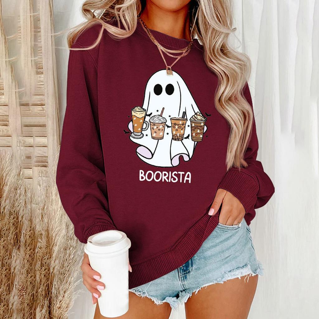 Women'S Halloween Hoodie Fun Ghost Print Pullover Crew Neck Long Sleeve Hoodless Pullover Y2k Clothes Women'S Plus-Size Hoodies